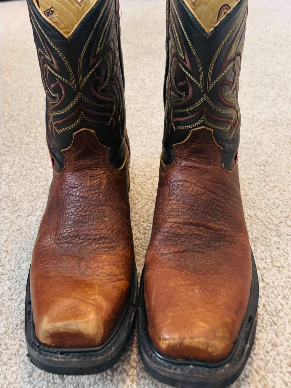 Men's Two-Tone Brown Leather Western Boots with Black Embroidered Shaft